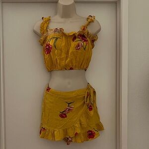 Forever 21 Yellow Floral Ruffle Two-Piece Skirt Set